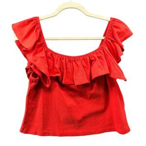 United Colors Of Benneton Off Shoulder Ruffle Top Womens L Red Cropped Cotton